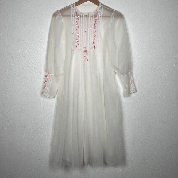 Vintage White Sheer Nightgown with Pink Floral Embroidered Embellishments Sz: S - Picture 2 of 9
